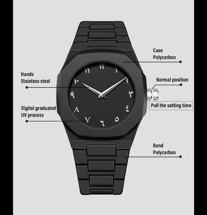 Aura Quartz Watch Black Lightweight Design Arabic Dial Black Aura Arabic Watch For Men Trendy Fiber Plastic Timepiece With Arabic Numerals
